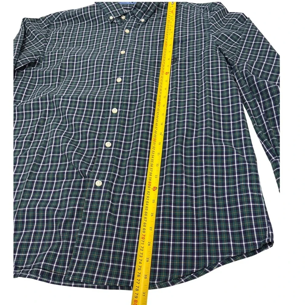 Chaps Mens Large Green Navy Blue Plaid Easy Care Button Down Shirt Long Sleeve
